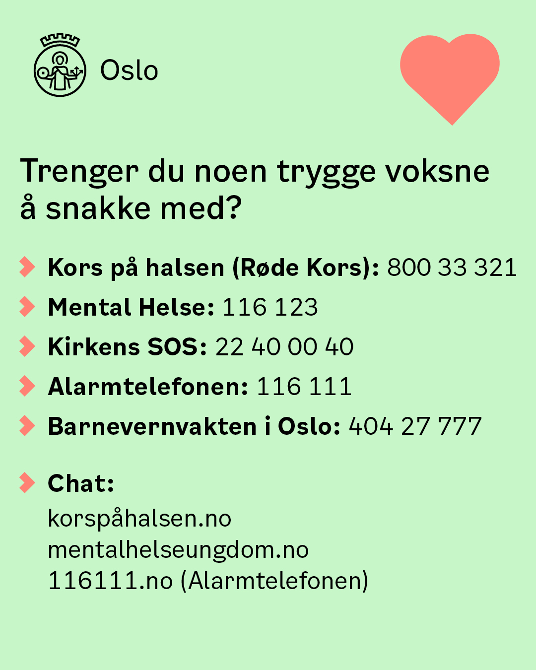 Telefonnr til trygge voksne &aring; snakke med