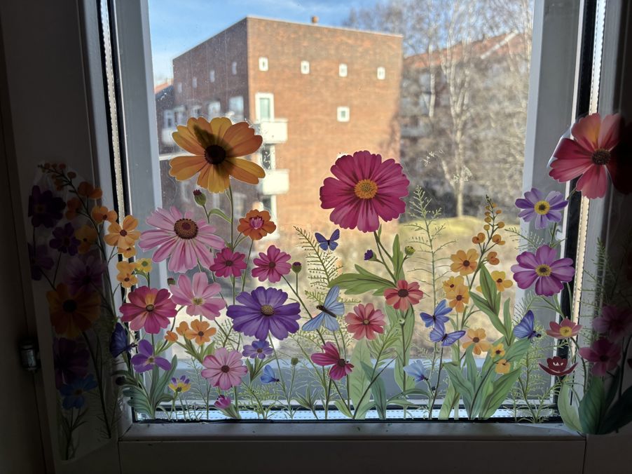 Et vindu med blomster